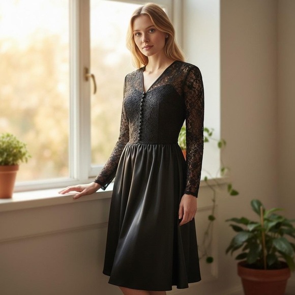 Illlegible Dresses & Skirts - Vintage Black A-Line Dress Lace Heavy Weight Satin Skirt Whimsgoth Vampire
